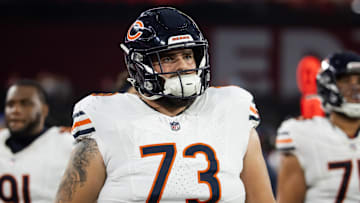 Nov 3, 2024; Glendale, Arizona, USA; Chicago Bears offensive tackle Jake Curhan (73) against the Arizona Cardinals at State Farm Stadium. Mandatory Credit: Mark J. Rebilas-Imagn Images