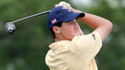 Marquette’s Hayes Packee purses his lips after his first hole tee shot during the 2025 WIAA Boys D1 Championships, Tuesday, June 10, 2025, at University Ridge Golf Course in Verona, Wis.