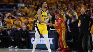 May 25, 2025; Indianapolis, Indiana, USA; Indiana Pacers guard Tyrese Haliburton (0) walks downcourt during the third quarter against the New York Knicks during game three of the eastern conference finals for the 2025 NBA Playoffs at Gainbridge Fieldhouse. Mandatory Credit: Trevor Ruszkowski-Imagn Images