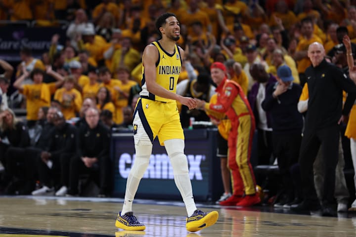 Indiana Pacers guard Tyrese Haliburton walks downcourt during the third quarter against the New York Knicks.