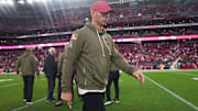 Arizona Cardinals head coach Jonathan Gannon walks off the field after their 41-22 loss to the San Francisco 49ers at State Farm Stadium in Glendale on Nov. 16, 2025.