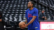 Apr 23, 2024; Los Angeles, California, USA; Los Angeles Clippers forward Kawhi Leonard (2) warms up before the game against the Dallas Mavericks during game two of the first round for the 2024 NBA playoffs at Crypto.com Arena. Mandatory Credit: Kiyoshi Mio-Imagn Images