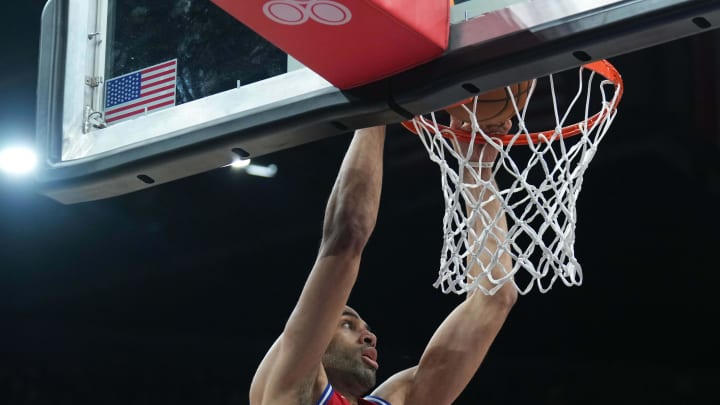 Mar 20, 2024; Phoenix, Arizona, USA; Philadelphia 76ers forward Nicolas Batum (40) dunks against the Phoenix Suns during the second half at Footprint Center. Mandatory Credit: Joe Camporeale-USA TODAY Sports