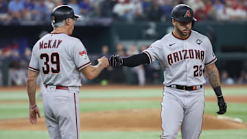 Oct 28, 2023; Arlington, TX, USA; Arizona Diamondbacks left fielder Tommy Pham (28) celebrates after reaching base in the World Series