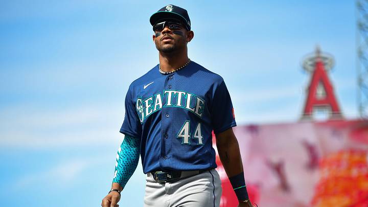 Apr 5, 2026; Anaheim, California, USA; Seattle Mariners center fielder Julio Rodriguez (44) returns to the dugout following the fourth inning against the Los Angeles Angels at Angel Stadium. Mandatory Credit: Gary A. Vasquez-Imagn Images