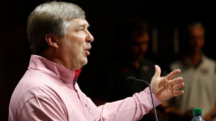 Georgia head coach Kirby Smart speaks to the media on the first day of spring practice in Athens, Ga., on Tuesday, March 12, 2024.