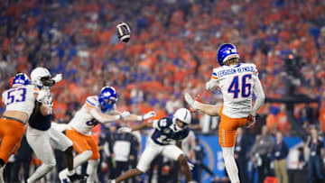 Dec 31, 2024; Glendale, AZ, USA; Boise State Broncos punter James Ferguson-Reynolds (46) against the Penn State Nittany Lions during the Fiesta Bowl at State Farm Stadium. Mandatory Credit: Mark J. Rebilas-Imagn Images