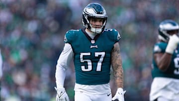 Dec 31, 2023; Philadelphia, Pennsylvania, USA; Philadelphia Eagles linebacker Ben VanSumeren (57) in a game against the Arizona Cardinals at Lincoln Financial Field. Mandatory Credit: Bill Streicher-Imagn Images