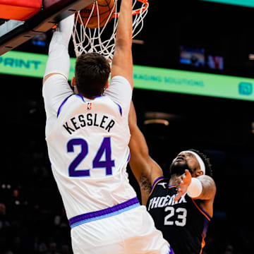 Oct 31, 2025; Phoenix, Arizona, USA; Utah Jazz center Walker Kessler (24) dunks in the first half between the Phoenix Suns and the Utah Jazz at Mortgage Matchup Center. Mandatory Credit: Arianna Grainey-Imagn Images