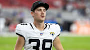 Nov 23, 2025; Glendale, Arizona, USA; Jacksonville Jaguars kicker Cam Little (39) against the Arizona Cardinals at State Farm Stadium. Mandatory Credit: Mark J. Rebilas-Imagn Images