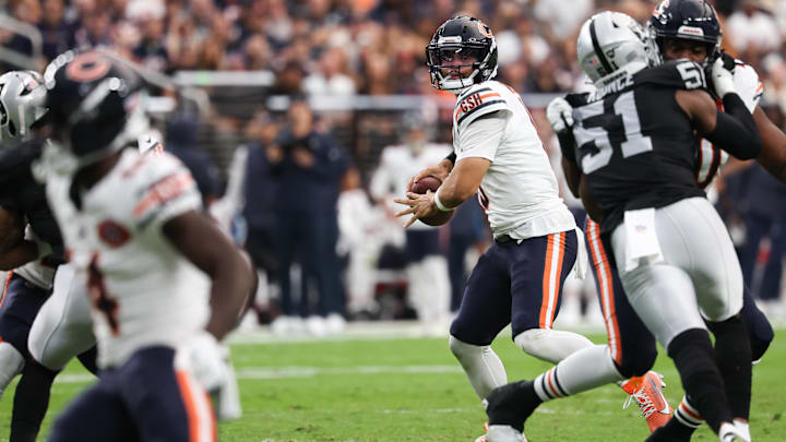 Caleb Williams surveys the situation on a pass play against the Raiders in the Bears' 25-24 win. Caleb Williams surveys the situation on a pass play against the Raiders in the Bears' 25-24 win.
