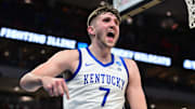 Mar 23, 2025; Milwaukee, WI, USA;  Kentucky Wildcats forward Andrew Carr (7) reacts during the second half in the second round of the NCAA Tournament against the Illinois Fighting Illini at Fiserv Forum. Mandatory Credit: Benny Sieu-Imagn Images