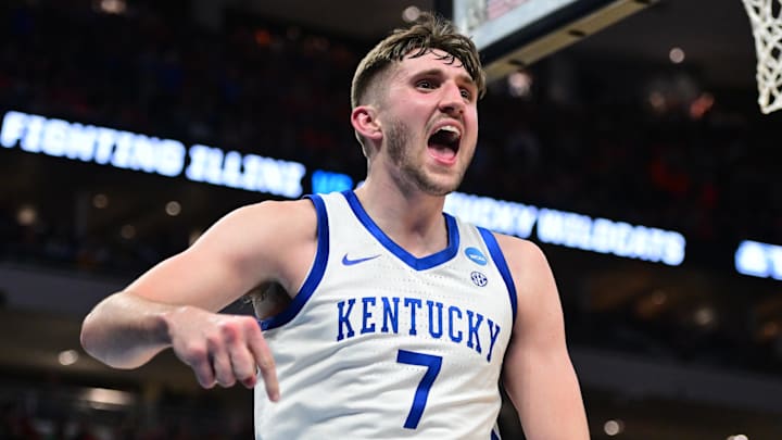 Mar 23, 2025; Milwaukee, WI, USA;  Kentucky Wildcats forward Andrew Carr (7) reacts during the second half in the second round of the NCAA Tournament against the Illinois Fighting Illini at Fiserv Forum. Mandatory Credit: Benny Sieu-Imagn Images