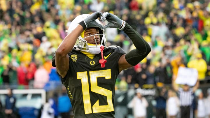 Oregon wide receiver Tez Johnson celebrates a touchdown as the No. 6 Oregon Ducks host California Saturday, Nov. 4, 2023, at Autzen Stadium in Eugene, Ore.