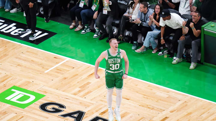 Jun 17, 2024; Boston, Massachusetts, USA; Boston Celtics forward Sam Hauser (30) reacts after a three-point shot in the first quarter during game five of the 2024 NBA Finals at TD Garden. Mandatory Credit: David Butler II-USA TODAY Sports