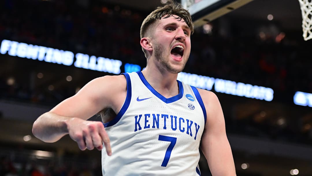 Mar 23, 2025; Milwaukee, WI, USA;  Kentucky Wildcats forward Andrew Carr (7) reacts during the second half in the second round of the NCAA Tournament against the Illinois Fighting Illini at Fiserv Forum. Mandatory Credit: Benny Sieu-Imagn Images
