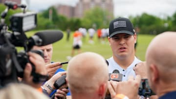 Cincinnati Bengals Trey Hendrickson speaks at a press conference after practice, Tuesday, May 13, 2025, at Kettering Health Practice Fields in Downtown Cincinnati.