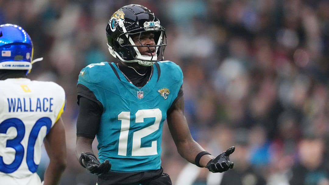 Oct 19, 2025; London, United Kingdom; Jacksonville Jaguars wide receiver Travis Hunter (12) reacts after a play against the Los Angeles Rams. Oct 19, 2025; London, United Kingdom; Jacksonville Jaguars wide receiver Travis Hunter (12) reacts after a play against the Los Angeles Rams.