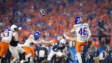Dec 31, 2024; Glendale, AZ, USA; Boise State Broncos punter James Ferguson-Reynolds (46) against the Penn State Nittany Lions during the Fiesta Bowl at State Farm Stadium. Mandatory Credit: Mark J. Rebilas-Imagn Images