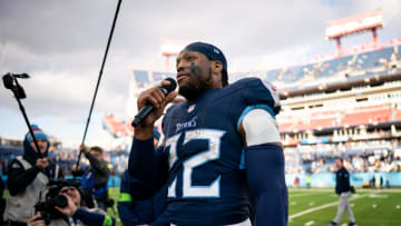 Tennessee Titans running back Derrick Henry (22) speaks after defeating Jacksonville Jaguars 28-20 at Nissan Stadium in Nashville, Tenn., Sunday, Jan. 7, 2024.