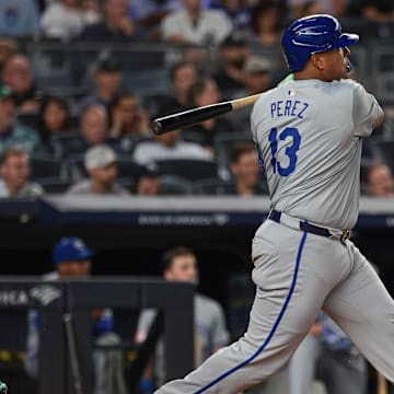 Kansas City Royals catcher Salvador Perez (13) hits an RBI single during the third inning against the New York Yankees at Yankee Stadium on Sept 10.