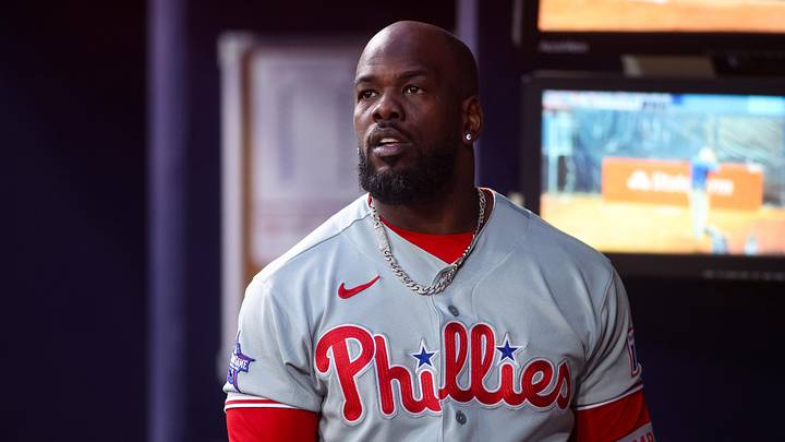 Apr 25, 2026; Atlanta, Georgia, USA; Philadelphia Phillies right fielder Adolis Garcia (53) in the dugout before a game against the Atlanta Braves at Truist Park. Mandatory Credit: Brett Davis-Imagn Images