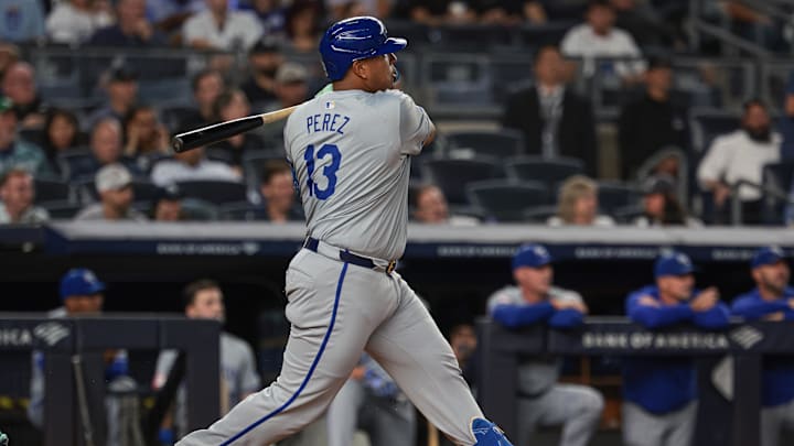 Kansas City Royals catcher Salvador Perez (13) hits an RBI single during the third inning against the New York Yankees at Yankee Stadium on Sept 10.