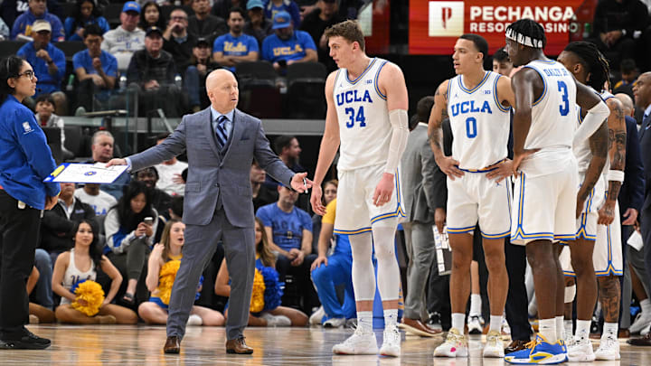 Dec 28, 2024; Inglewood, California, USA; UCLA Bruins head coach Mick Cronin talks to his team during a timeout in the second half against the Gonzaga Bulldogs at Intuit Dome. Mandatory Credit: Robert Hanashiro-Imagn Images