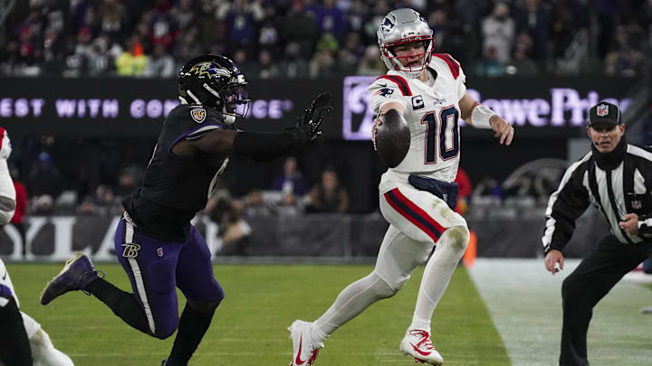 Drake Maye threw for a career-high 380 passing yards in Sunday's 28–24 win over the Ravens.