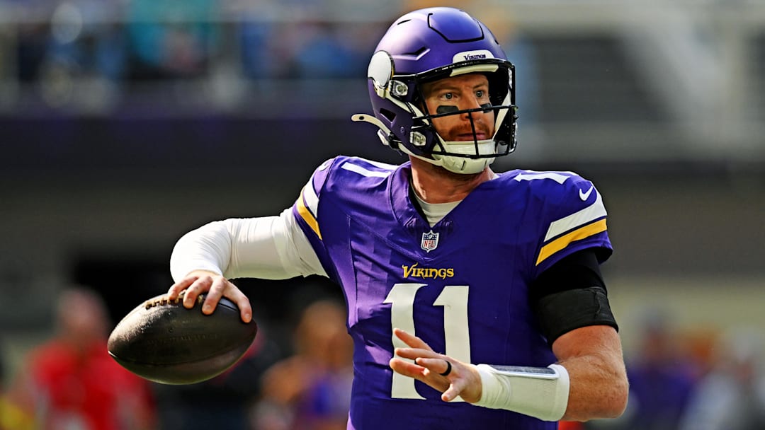 Oct 19, 2025; Minneapolis, Minnesota, USA; Minnesota Vikings quarterback Carson Wentz (11) makes a pass during the first half against the Philadelphia Eagles at U.S. Bank Stadium. Mandatory Credit: Jeffrey Becker-Imagn Images