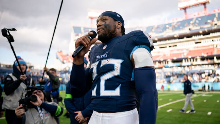 Tennessee Titans running back Derrick Henry (22) speaks after defeating Jacksonville Jaguars 28-20 at Nissan Stadium in Nashville, Tenn., Sunday, Jan. 7, 2024.