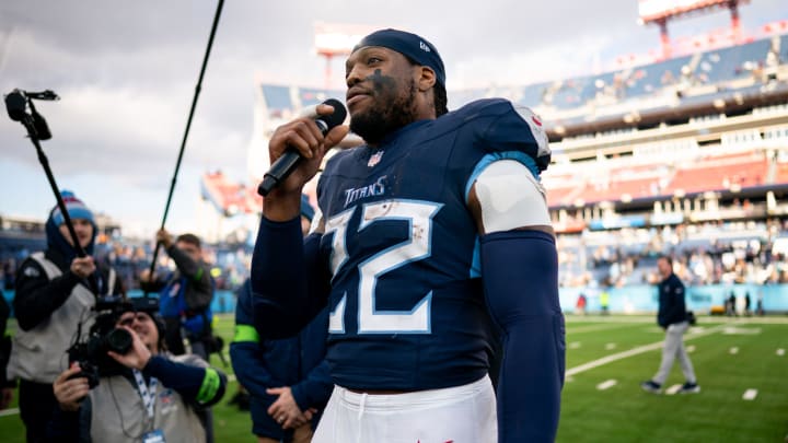 Tennessee Titans running back Derrick Henry (22) speaks after defeating Jacksonville Jaguars 28-20 at Nissan Stadium in Nashville, Tenn., Sunday, Jan. 7, 2024.