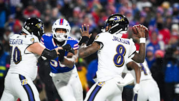 Jan 19, 2025; Orchard Park, New York, USA; Baltimore Ravens quarterback Lamar Jackson (8) throws the ball during the fourth quarter against the Buffalo Bills in a 2025 AFC divisional round game at Highmark Stadium. Mandatory Credit: Mark Konezny-Imagn Images