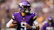J.J. McCarthy plays in a preseason game against the Las Vegas Raiders