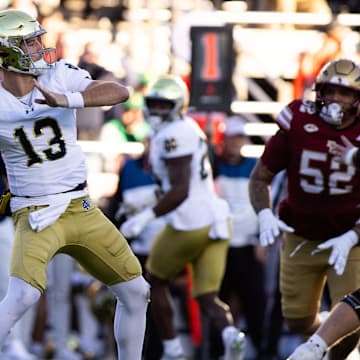 Nov 1, 2025; Chestnut Hill, Massachusetts, USA; Notre Dame Fighting Irish quarterback CJ Carr (13) throws a pass in the first quarter against the Boston College Eagles at Alumni Stadium. Mandatory Credit: Edward Finan-Imagn Images