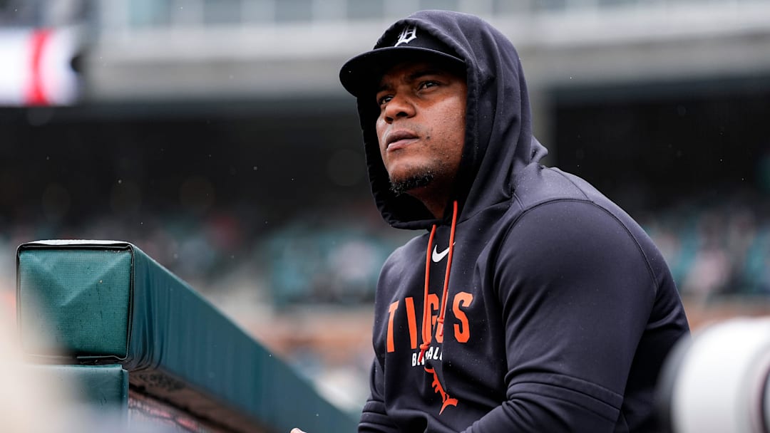 Detroit Tigers pitcher Framber Valdez (59) looks on from the dugout during the first inning against Kansas City Royals at Comerica Park in Detroit on Thursday, April 16, 2026.