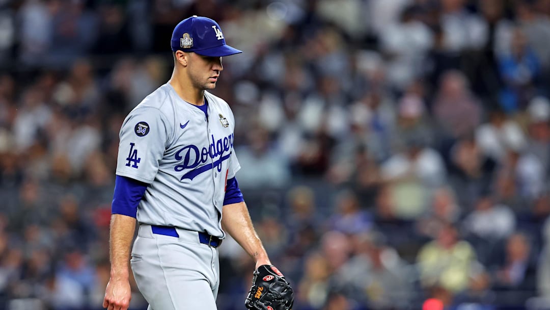 Oct 30, 2024; New York, New York, USA; Los Angeles Dodgers pitcher Jack Flaherty (0) reacts after the first inning against the New York Yankees in game four of the 2024 MLB World Series at Yankee Stadium. Mandatory Credit: Brad Penner-Imagn Images