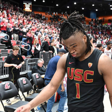 Feb 29, 2024; Pullman, Washington, USA; USC Trojans guard Isaiah Collier (1) walks off the court after a game against the Washington State Cougars at Friel Court at Beasley Coliseum. Washington State Cougars won 75-72. Mandatory Credit: James Snook-USA TODAY Sports