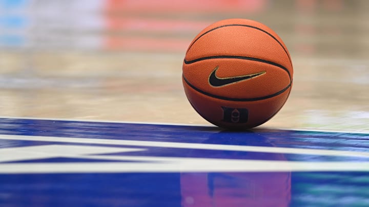 Jan 11, 2025; Durham, North Carolina, USA;  A game ball during a break in the second half of a Duke basketball game at Cameron Indoor Stadium.