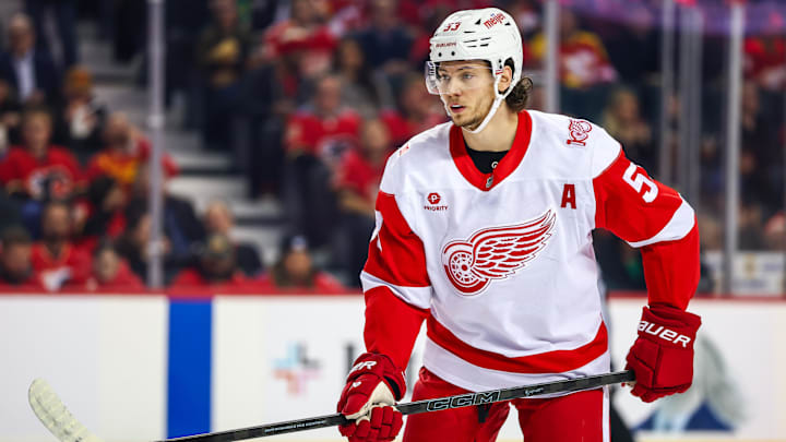Dec 10, 2025; Calgary, Alberta, CAN; Detroit Red Wings defenseman Moritz Seider (53) against the Calgary Flames during the first period at Scotiabank Saddledome. Mandatory Credit: Sergei Belski-Imagn Images