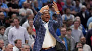 Mar 28, 2024; Los Angeles, CA, USA; North Carolina Tar Heels head coach Hubert Davis reacts in the second half against the Alabama Crimson Tide in the semifinals of the West Regional of the 2024 NCAA Tournament at Crypto.com Arena. Mandatory Credit: Kirby Lee-Imagn Images