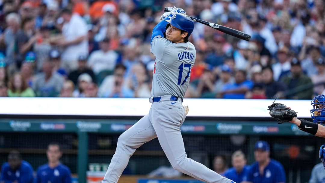 L. A. Dodgers designated hitter Shohei Ohtani (17) bats against Detroit Tigers during the fifth inning at Comerica Park in Detroit on Friday, July 12, 2024.