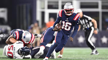 Aug 10, 2023; Foxborough, Massachusetts, USA; New England Patriots quarterback Malik Cunningham (16)