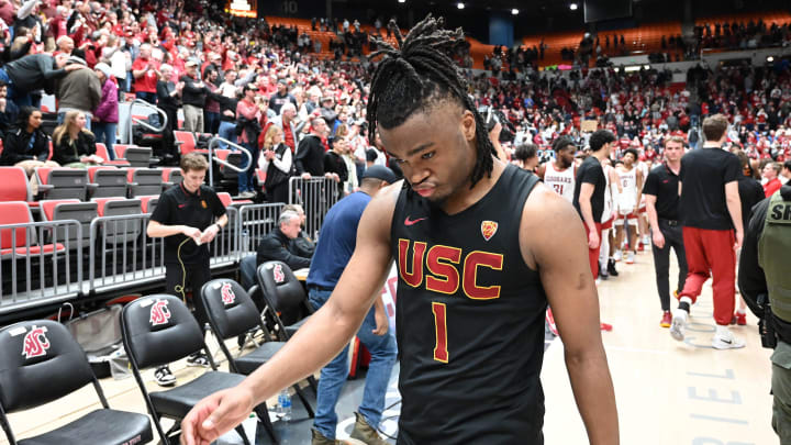 Feb 29, 2024; Pullman, Washington, USA; USC Trojans guard Isaiah Collier (1) walks off the court after a game against the Washington State Cougars at Friel Court at Beasley Coliseum. Washington State Cougars won 75-72. Mandatory Credit: James Snook-USA TODAY Sports