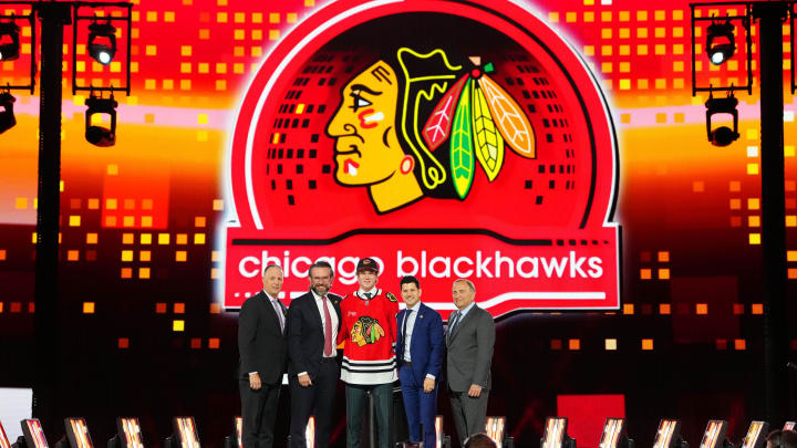 Jun 28, 2024; Las Vegas, Nevada, USA; Marek Vanacker is selected by the Chicago Blackhawks with the 27th overall pick in the first round of the 2024 NHL Draft at The Sphere. Mandatory Credit: Stephen R. Sylvanie-USA TODAY Sports