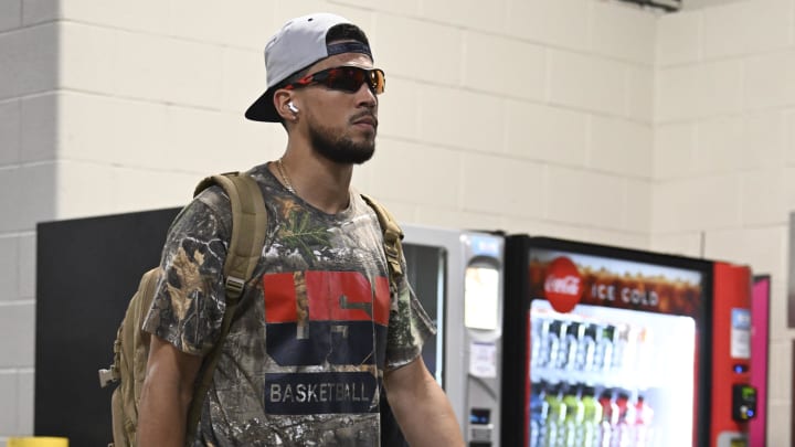 Jul 10, 2024; Las Vegas, Nevada, USA; USA guard Devin Booker (15) arrives for a game against Canada for the USA Basketball Showcase at T-Mobile Arena. Mandatory Credit: Candice Ward-USA TODAY Sports