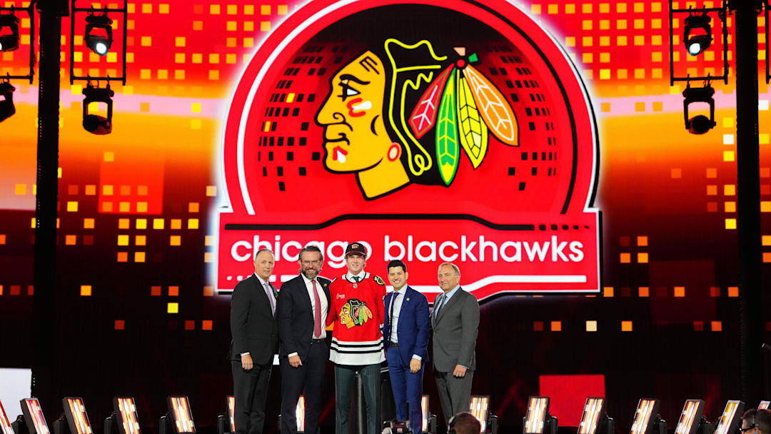 Jun 28, 2024; Las Vegas, Nevada, USA; Marek Vanacker is selected by the Chicago Blackhawks with the 27th overall pick in the first round of the 2024 NHL Draft at The Sphere. Mandatory Credit: Stephen R. Sylvanie-Imagn Images