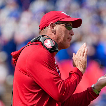 Sep 28, 2024; Kansas City, Missouri, USA; Kansas Jayhawks head coach Lance Leipold celebrates on field after scoring against the TCU Horned Frogs during the first half at GEHA Field at Arrowhead Stadium. Mandatory Credit: Denny Medley-Imagn Images