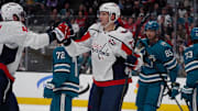 Mar 15, 2025; San Jose, California, USA;  Washington Capitals center Aliaksei Protas (21) scores a goal and is congratulated by right wing Tom Wilson (43) during the first period against the San Jose Sharks at SAP Center at San Jose. Mandatory Credit: David Gonzales-Imagn Images
