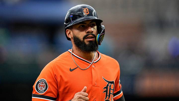 Detroit Tigers second baseman Gleyber Torres (25) runs off the field after out on second base against Texas Rangers during the first inning at Comerica Park in Detroit on Friday, May 1, 2026.